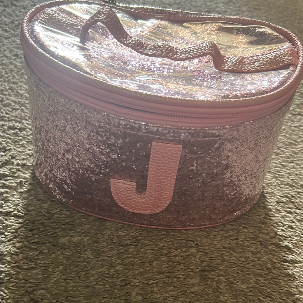 Pink Glitter Makeup Bag with Initial J